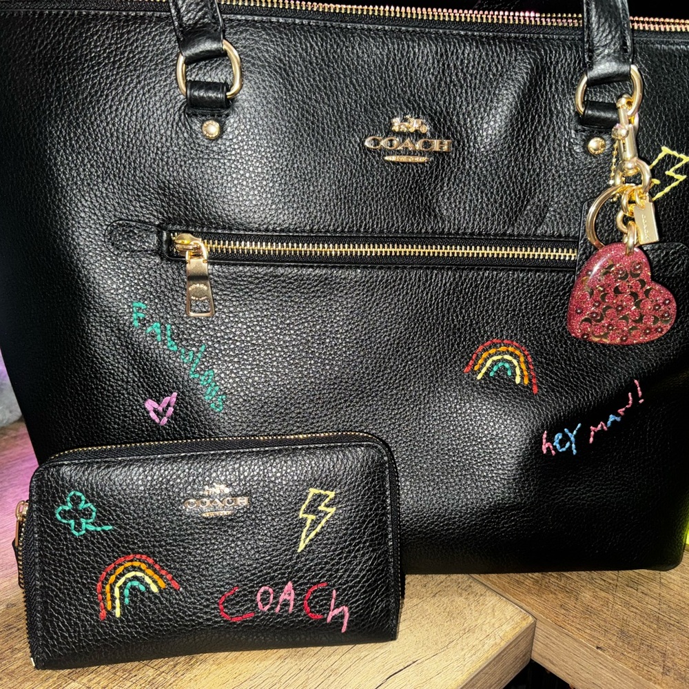 COACH GALLERY TOTE WITH DIARY EMBROIDERY BLACK PEBBLE LEATHER BAG C8365 W/wallet
